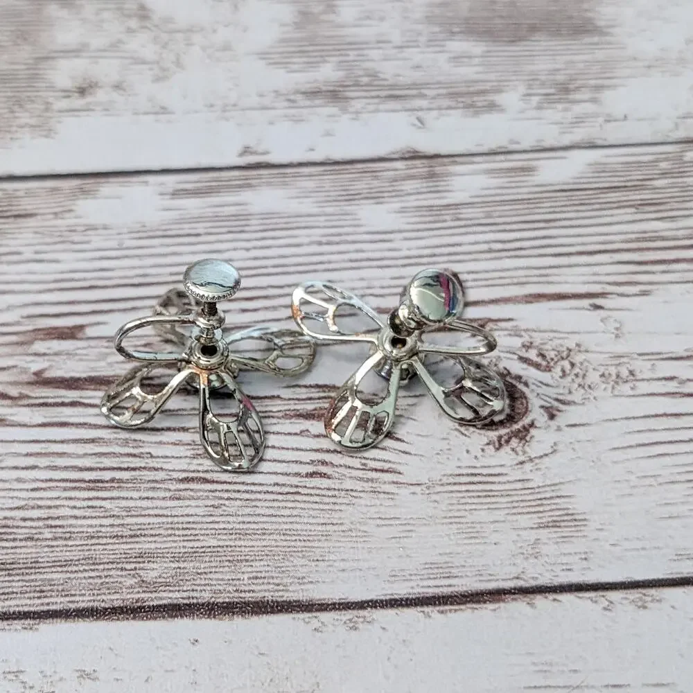 Vintage Screw On Earrings - Large Flower with Blue Gem - Condition Issues